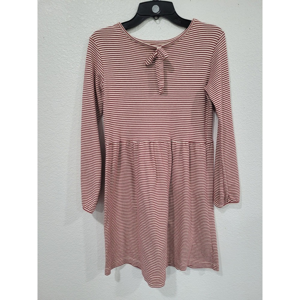 Olive Juice Girls Red Cream Striped Long Sleeve Bow Empire Waist Dress 10/12 #10